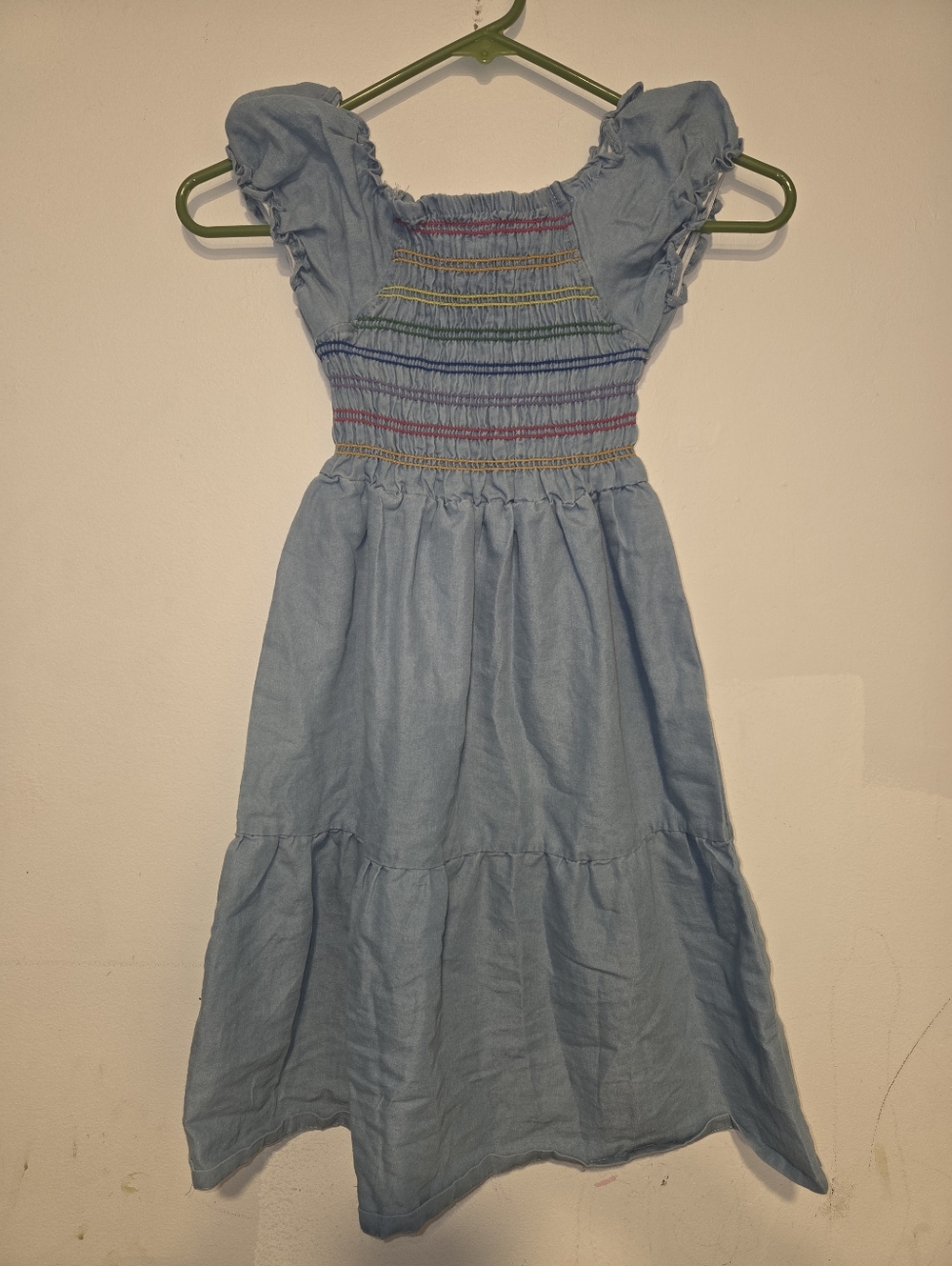 Penelope Mack Light Blue Chambray Smocked Kids Dress with Ruffle Sleeves 8
